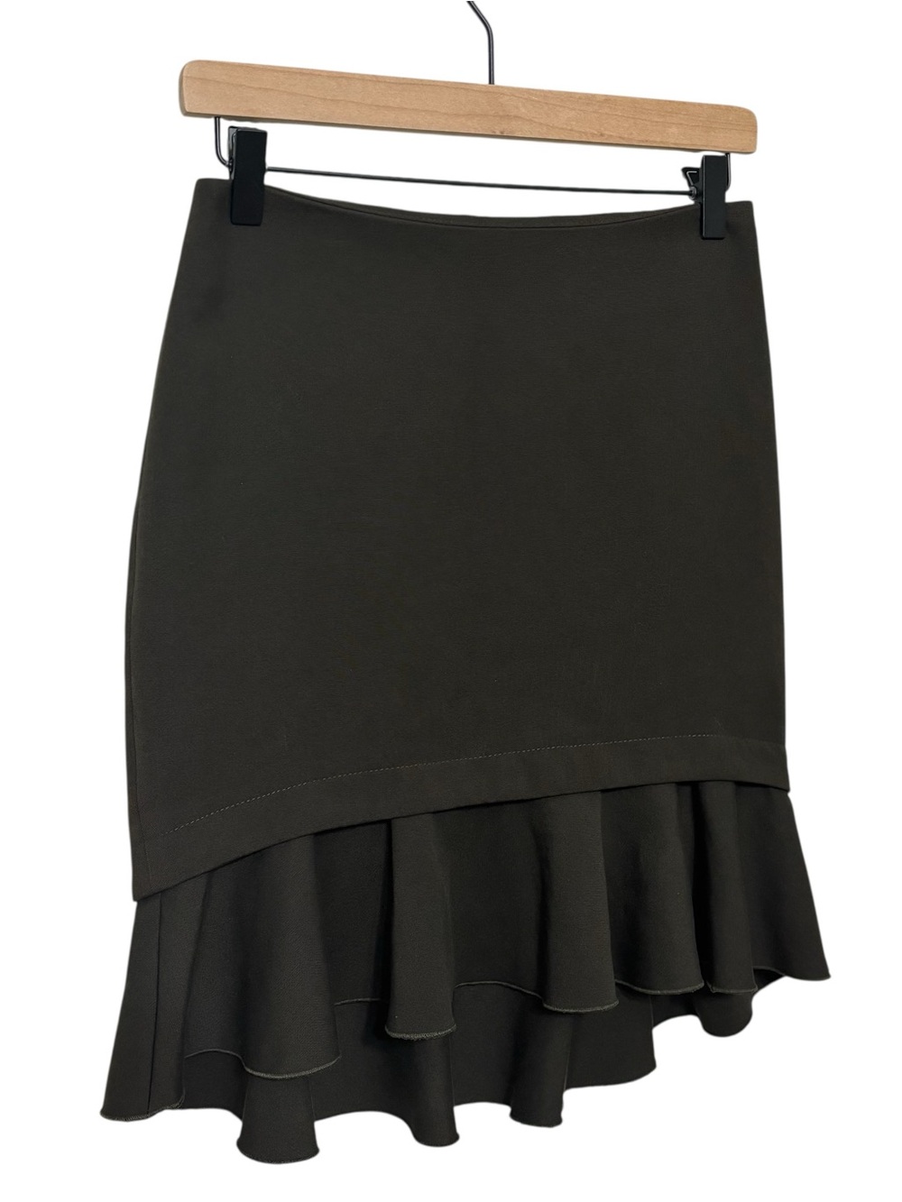 Zara Basic Olive Green Peplum Skirt Frill Asymmetric High Low Ruffle Pencil S - Picture 3 of 11